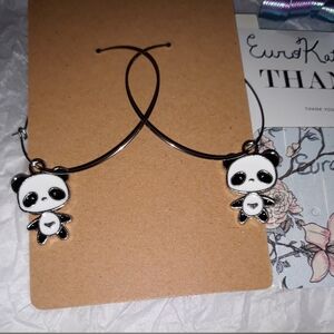 Minimalist Silver Medium Hoop Earrings black white enamel Panda bear Charm NEW …